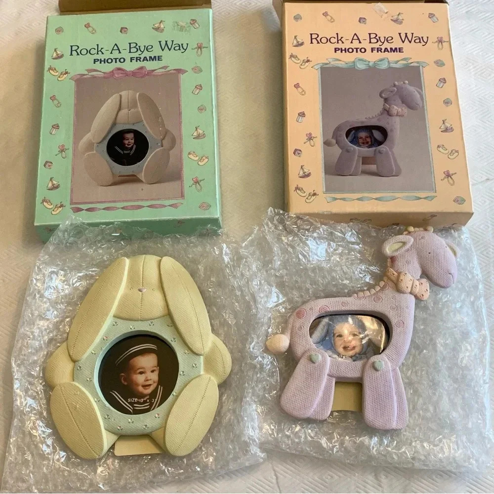 New! Vintage Pair Papel Ceramic Baby Child Photo Frames 3x3 & 2x3 Bunny Giraffe